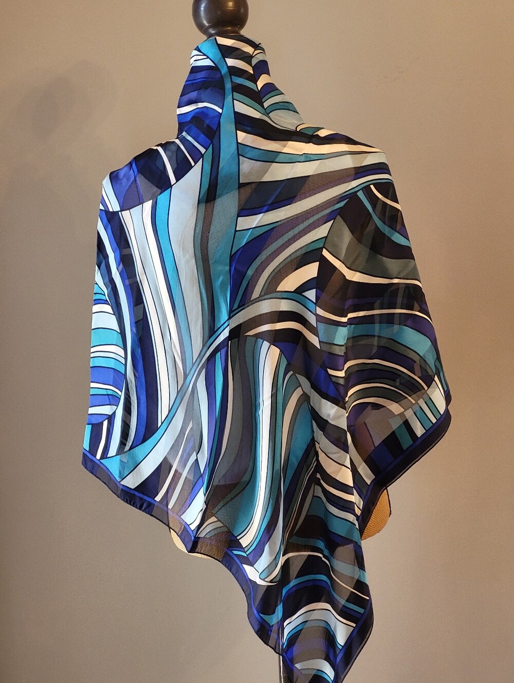 Oscar De La Renta 80s Silk Chiffon Scarf 34" Square Blue/Black/Green Abstract